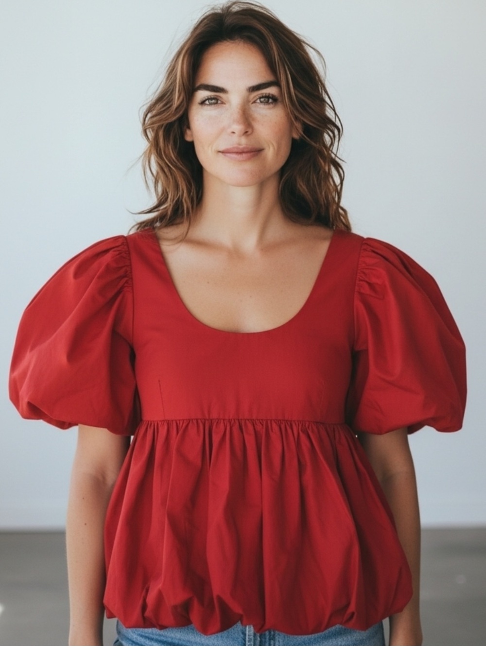 Hyacinth House red peplum bubble hem blouse puff  sleeve top Tuckernuck babydoll